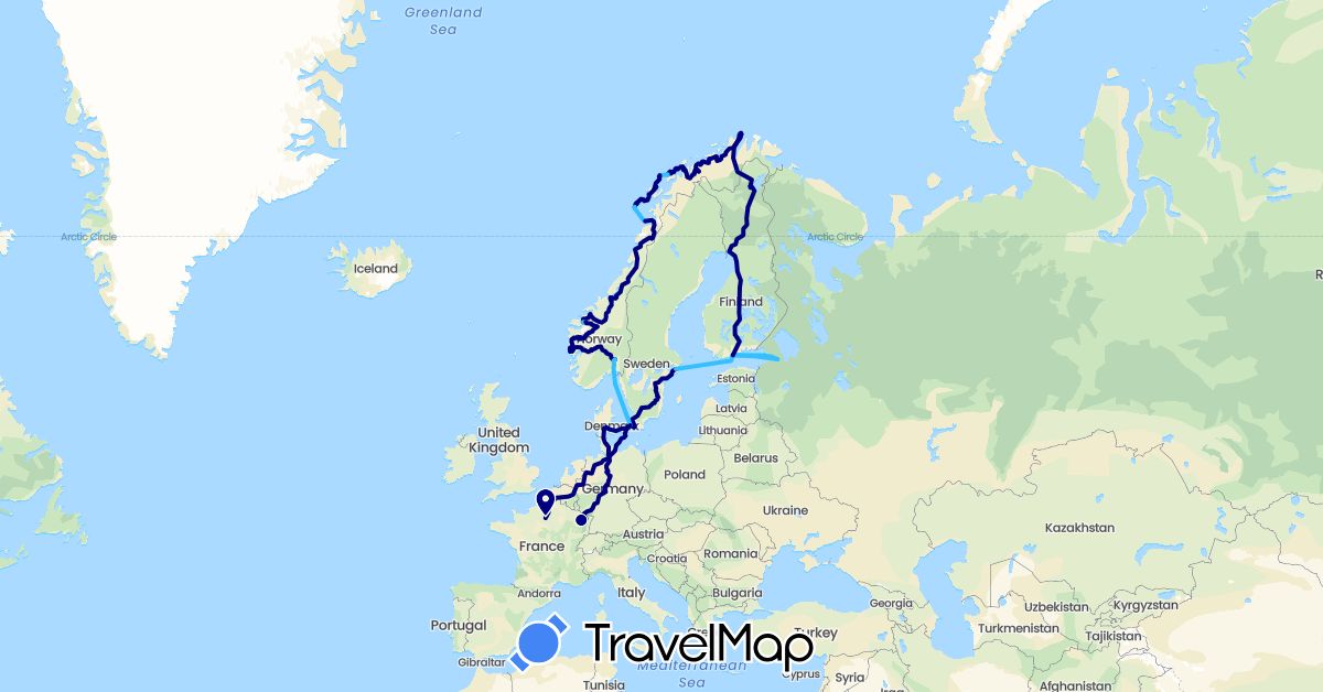 TravelMap itinerary: driving, boat in Germany, Denmark, Finland, France, Norway, Russia, Sweden (Europe)
